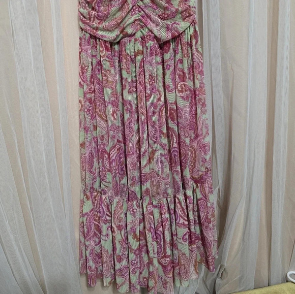 Misa Los Angeles Ava Midi Dress in Vintage Paisley, Stretch Mesh, Ruched Bodice. - Picture 9 of 16
